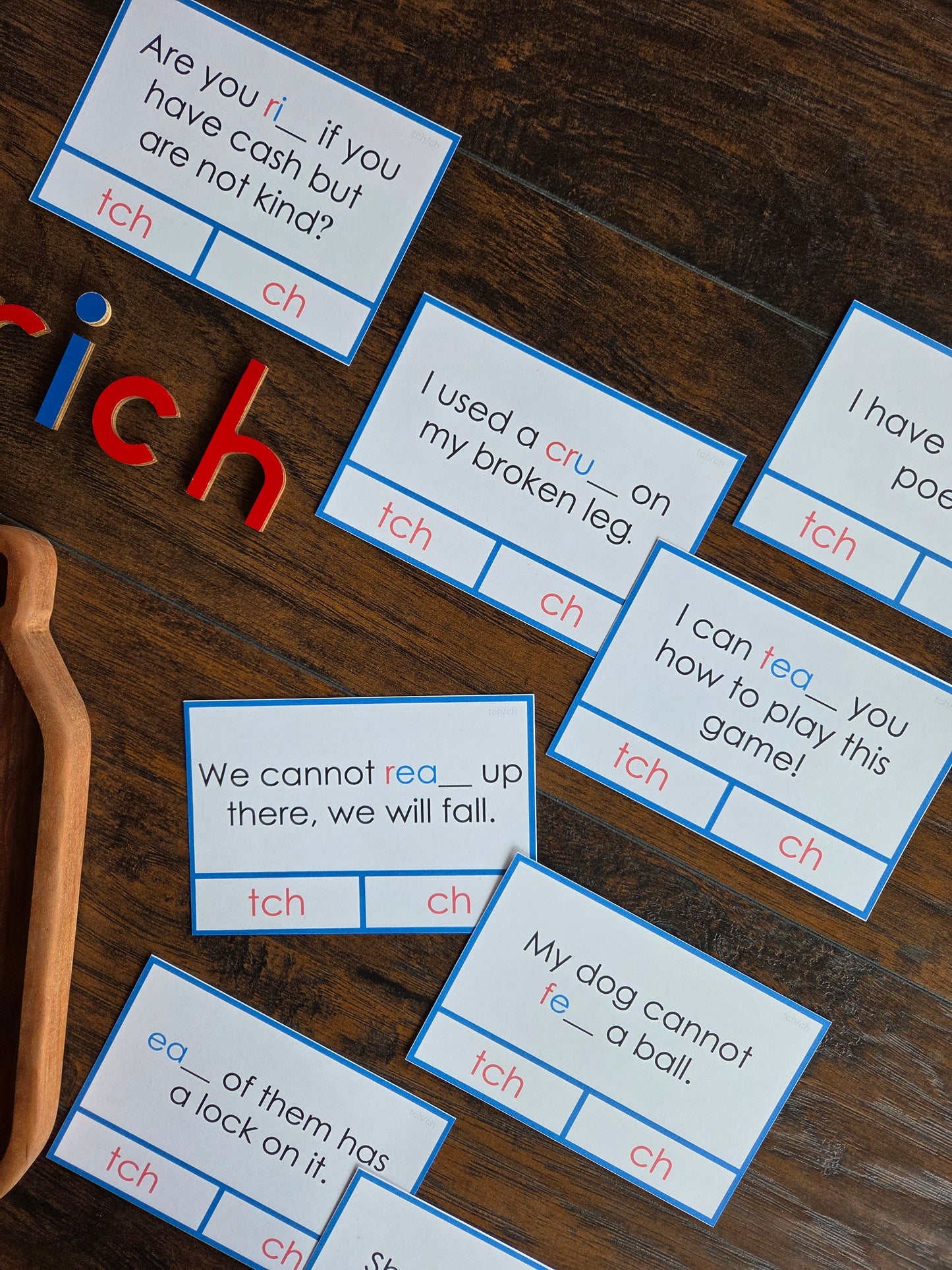 Modern Montessori Reading: tch clip and flip cards ending sound cards for learn ch vs tch (literacy)