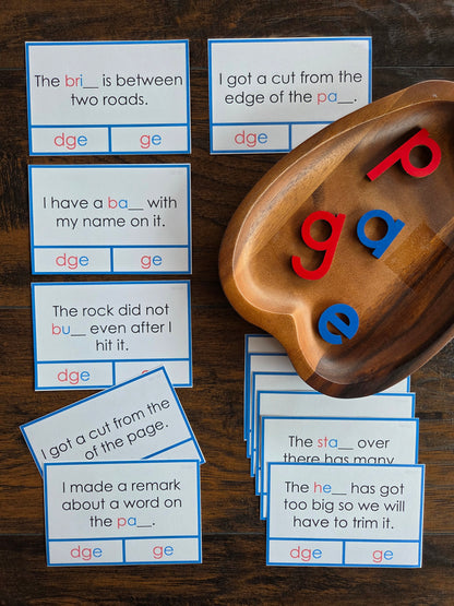 Modern Montessori Reading: dge clip and flip cards ending sound cards for learning ge vs dge (literacy)