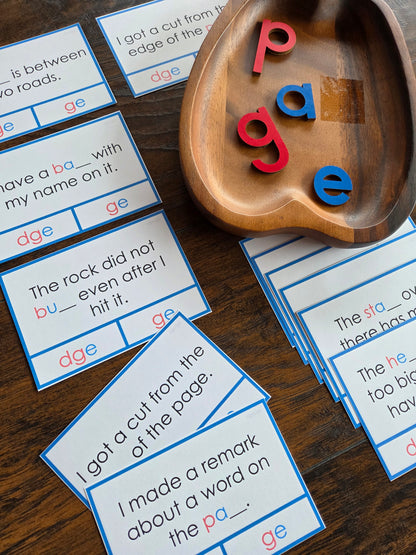 Modern Montessori Reading: dge clip and flip cards ending sound cards for learning ge vs dge (literacy)