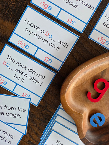 Modern Montessori Reading: dge clip and flip cards ending sound cards for learning ge vs dge (literacy)
