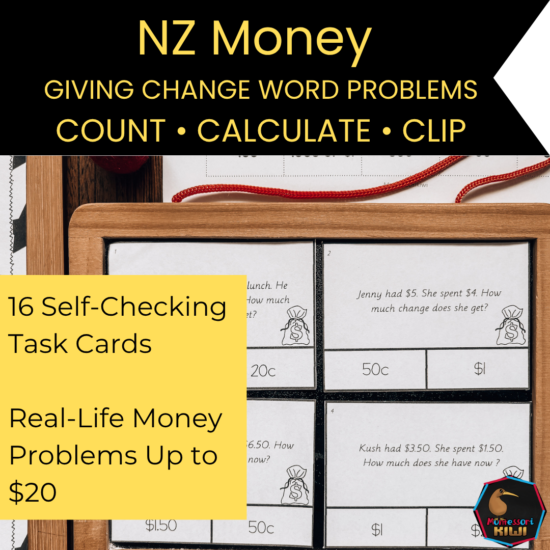 New Zealand Money Word Problems | Giving Change Self-Checking Clip Cards