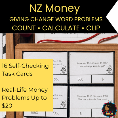 New Zealand Money Word Problems | Giving Change Self-Checking Clip Cards
