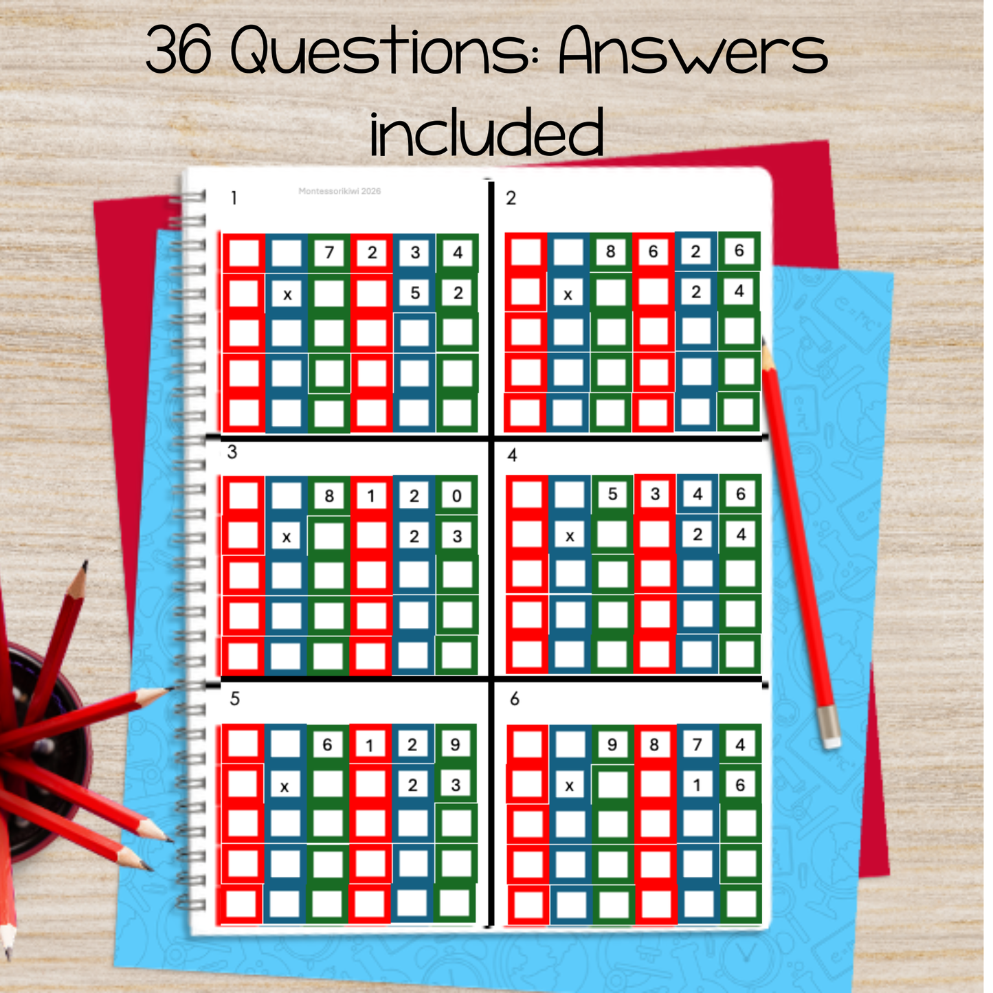 Montessori Color Coded 4 x 2 multiplication 2 digit multiplier