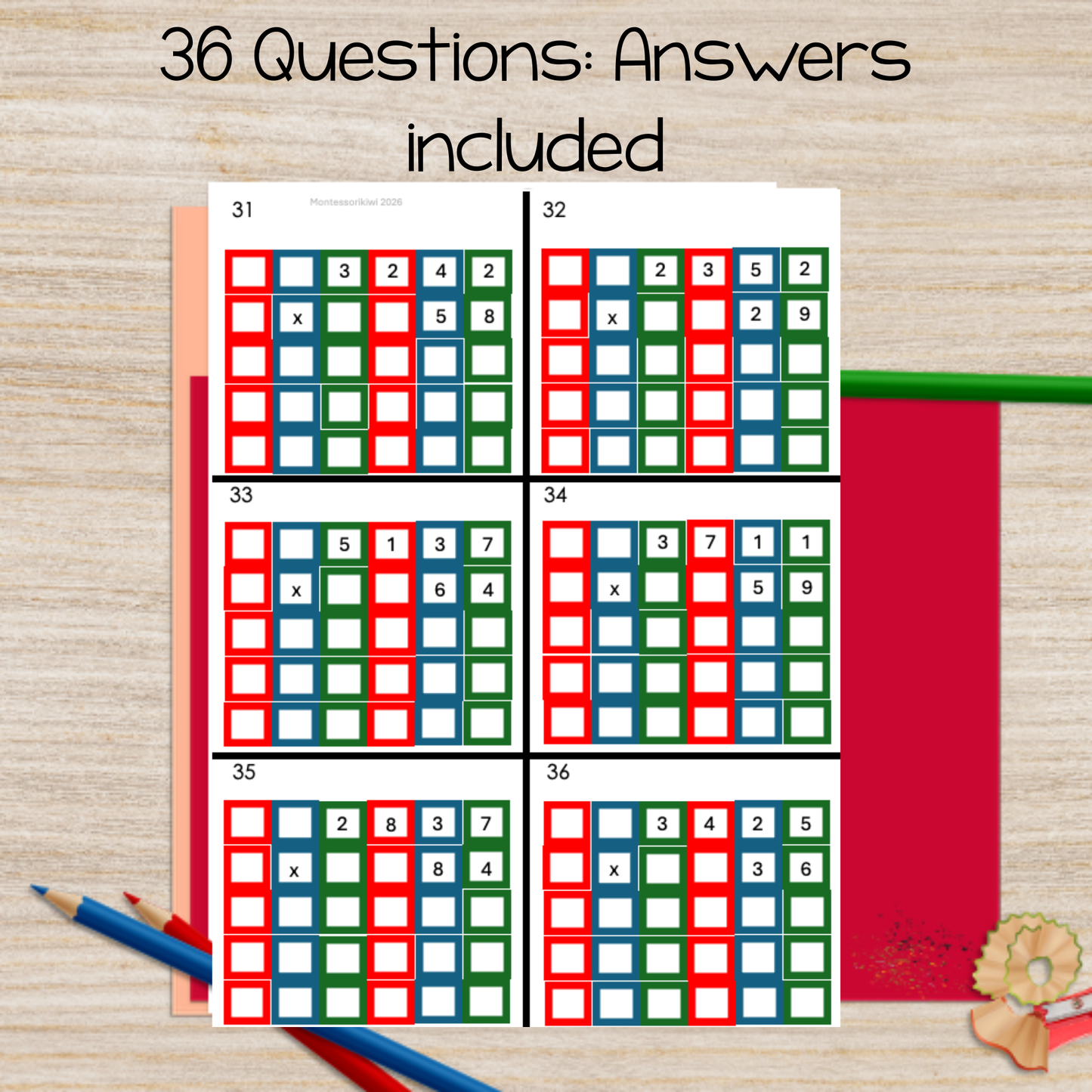 Montessori Color Coded 4 x 2 multiplication 2 digit multiplier