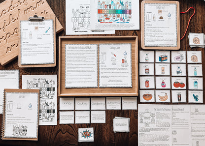 An array of educational science materials including a pH scale diagram, experiment sheets, and a 'Zap Game' card for learning about acids and bases.