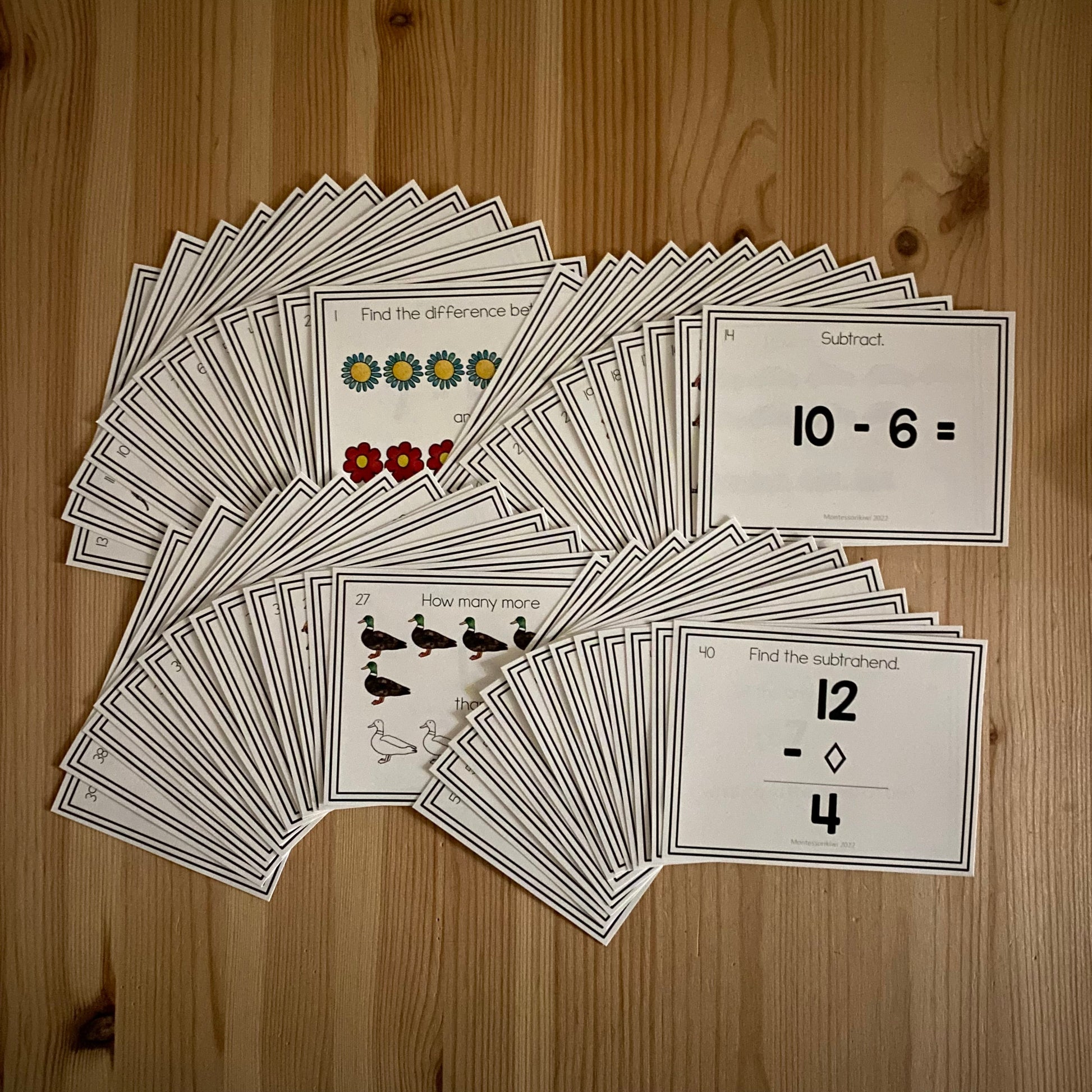 Montessori Subtraction Finger Chart Task Cards (math) - subscription - montessorikiwi