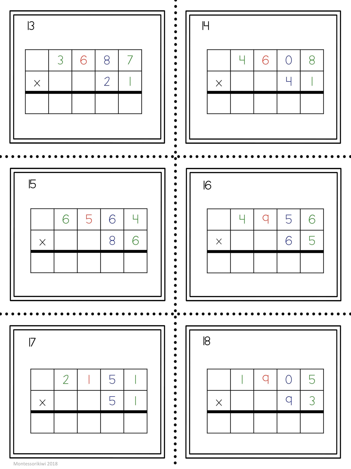 Multiplication questions: 2 and 3 digit multipliers - subscription - montessorikiwi