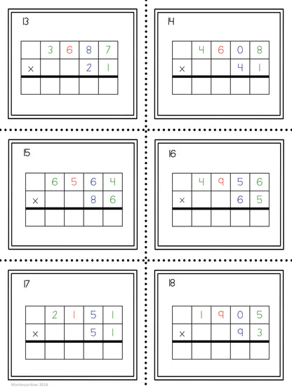 Multiplication questions: 2 and 3 digit multipliers - subscription - montessorikiwi