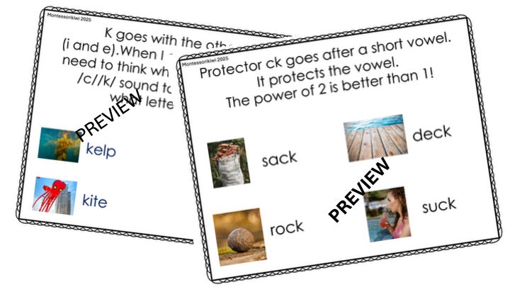 Modern Montessori Reading SOR ck/c/k sorting when do I use posters (literacy)