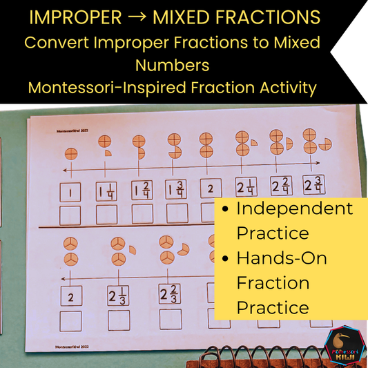 Montessori Inspired Fractions Activity | Improper to Mixed Fractions Conversion Task Cards