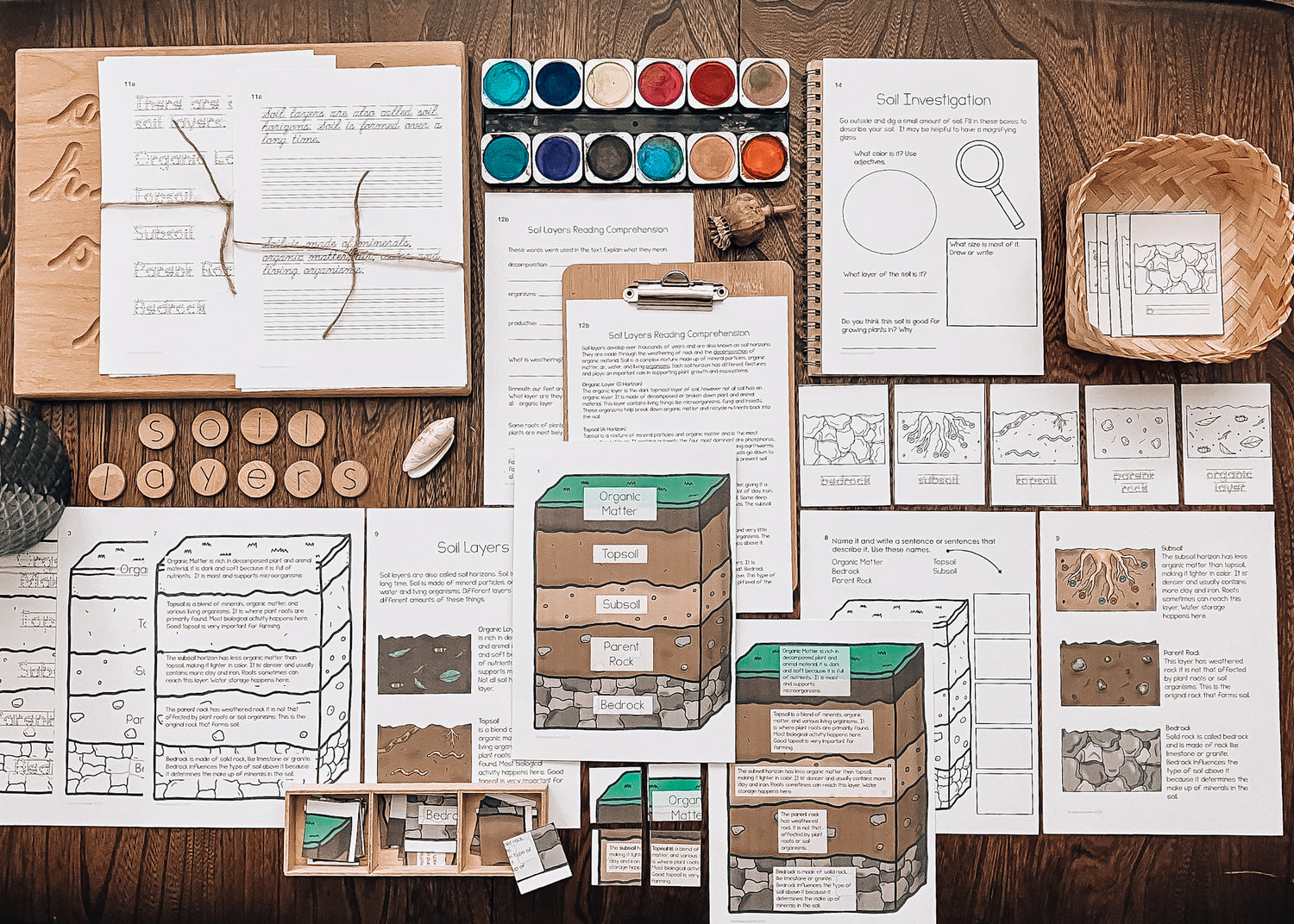 Educational materials on a wooden surface including papers, models, and tools.