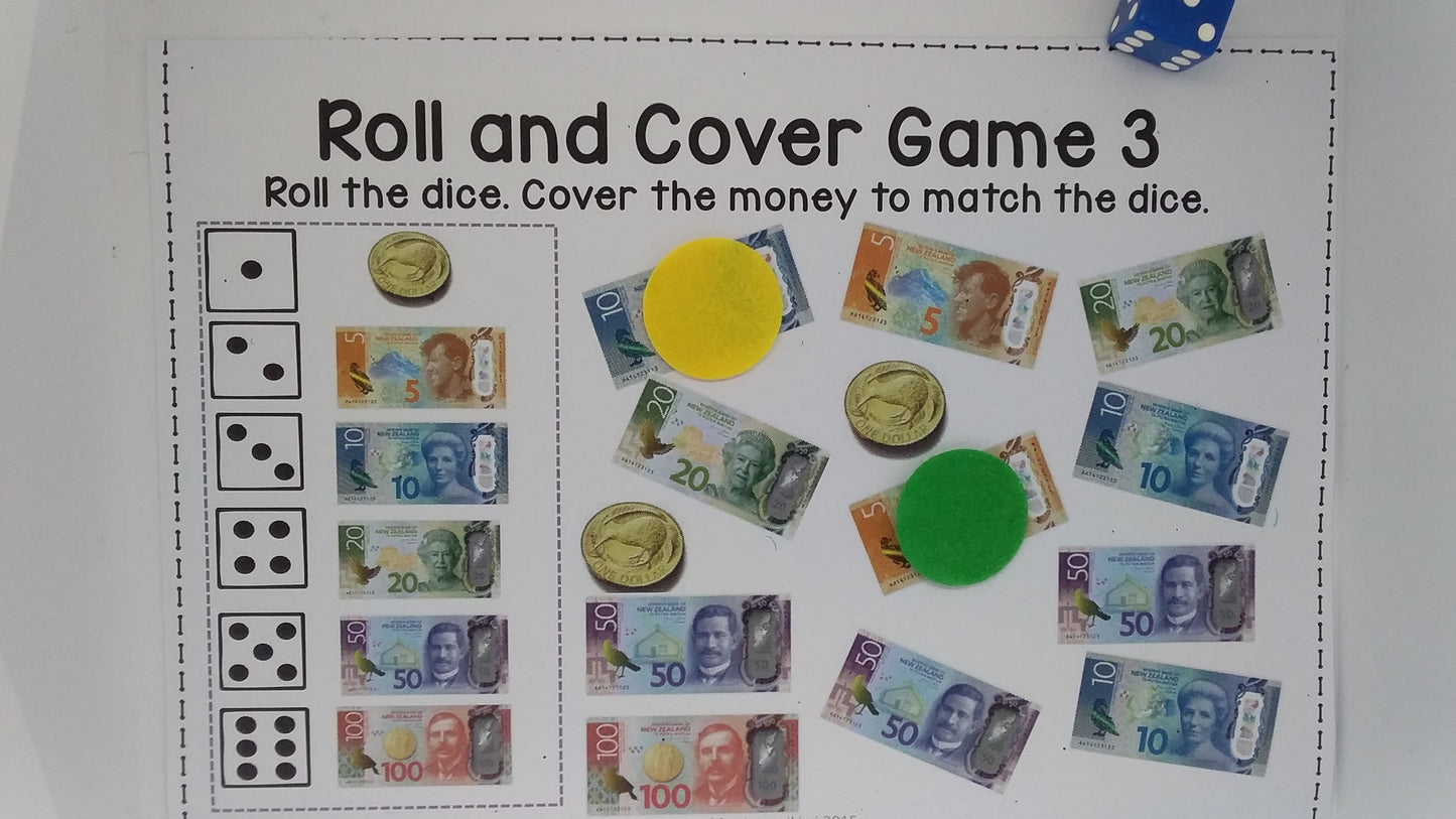 New Zealand Money level 1: roll and cover game - montessorikiwi
