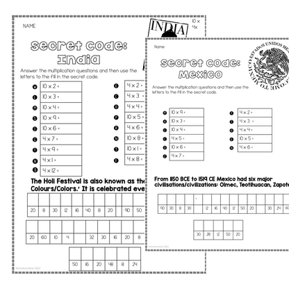 Multiplication Basic Facts (Around the World, Break the Code) - montessorikiwi