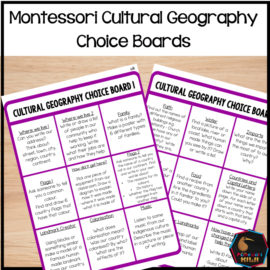 Cultural Geography Choice Board  - Editable(geography) - montessorikiwi