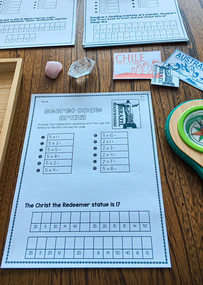 Multiplication Basic Facts (Around the World, Break the Code) - montessorikiwi