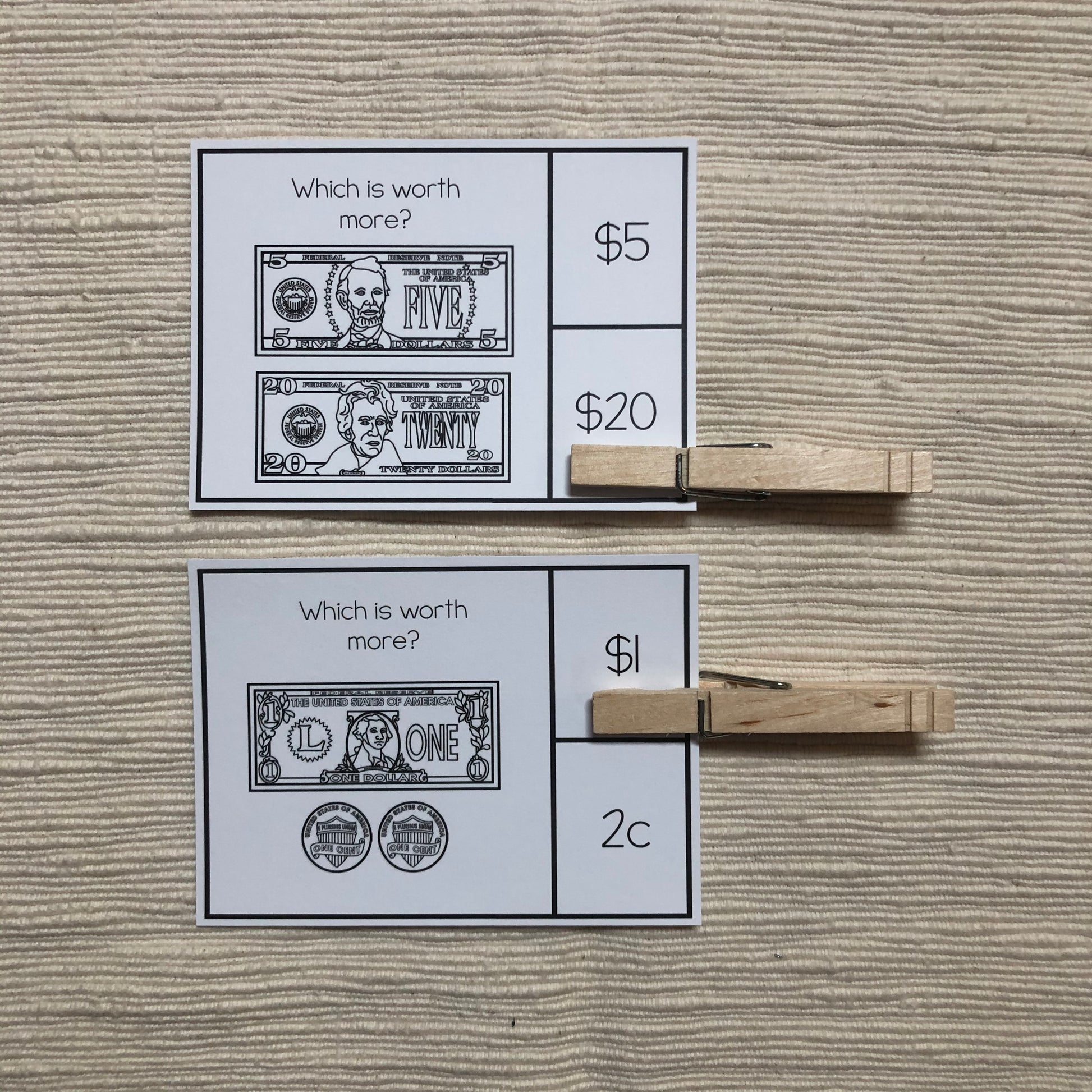 US Money Which is Worth More Clip and Flip Cards - montessorikiwi