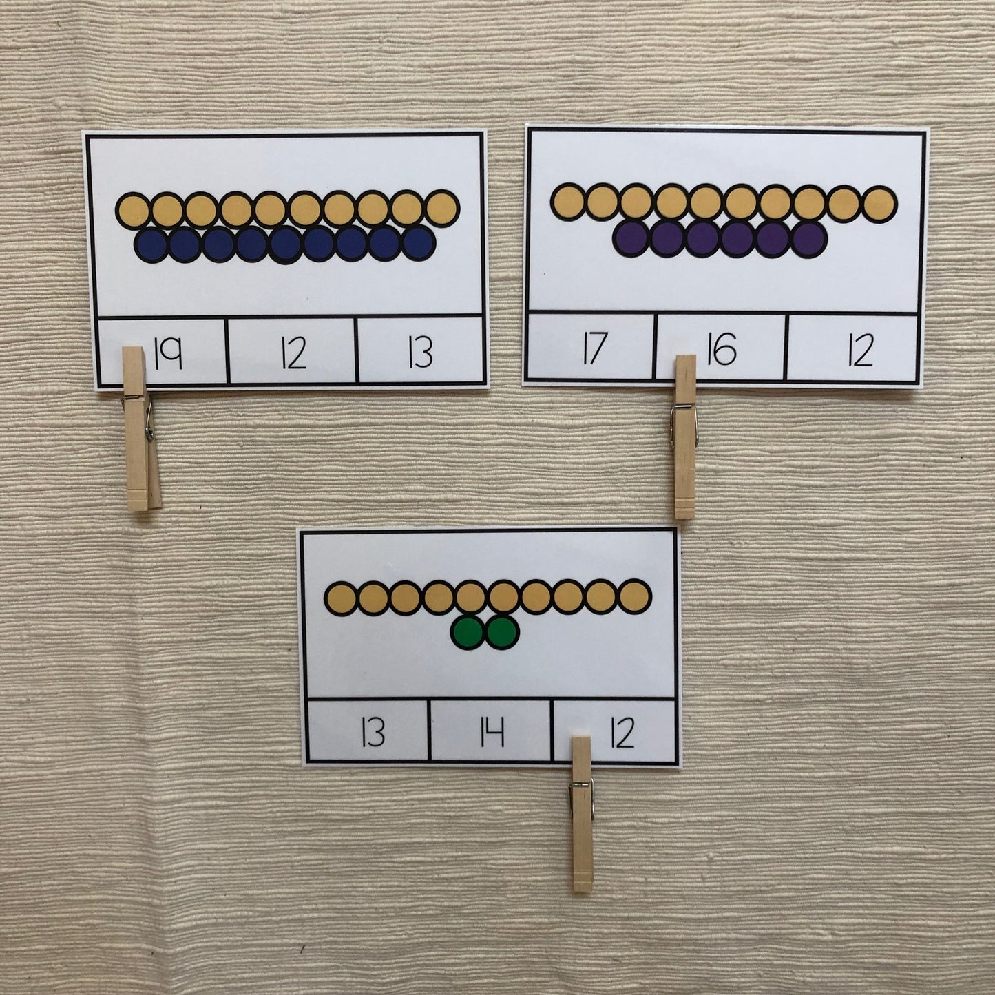 Colored beads clip cards 11-20 (teen numbers) - montessorikiwi