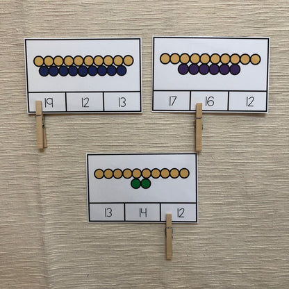 Colored beads clip cards 11-20 (teen numbers) - montessorikiwi