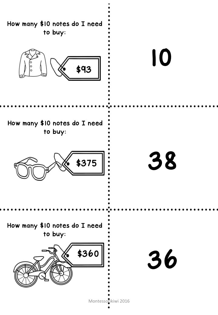 New Zealand Money level 3: How many ten dollar notes equal - montessorikiwi