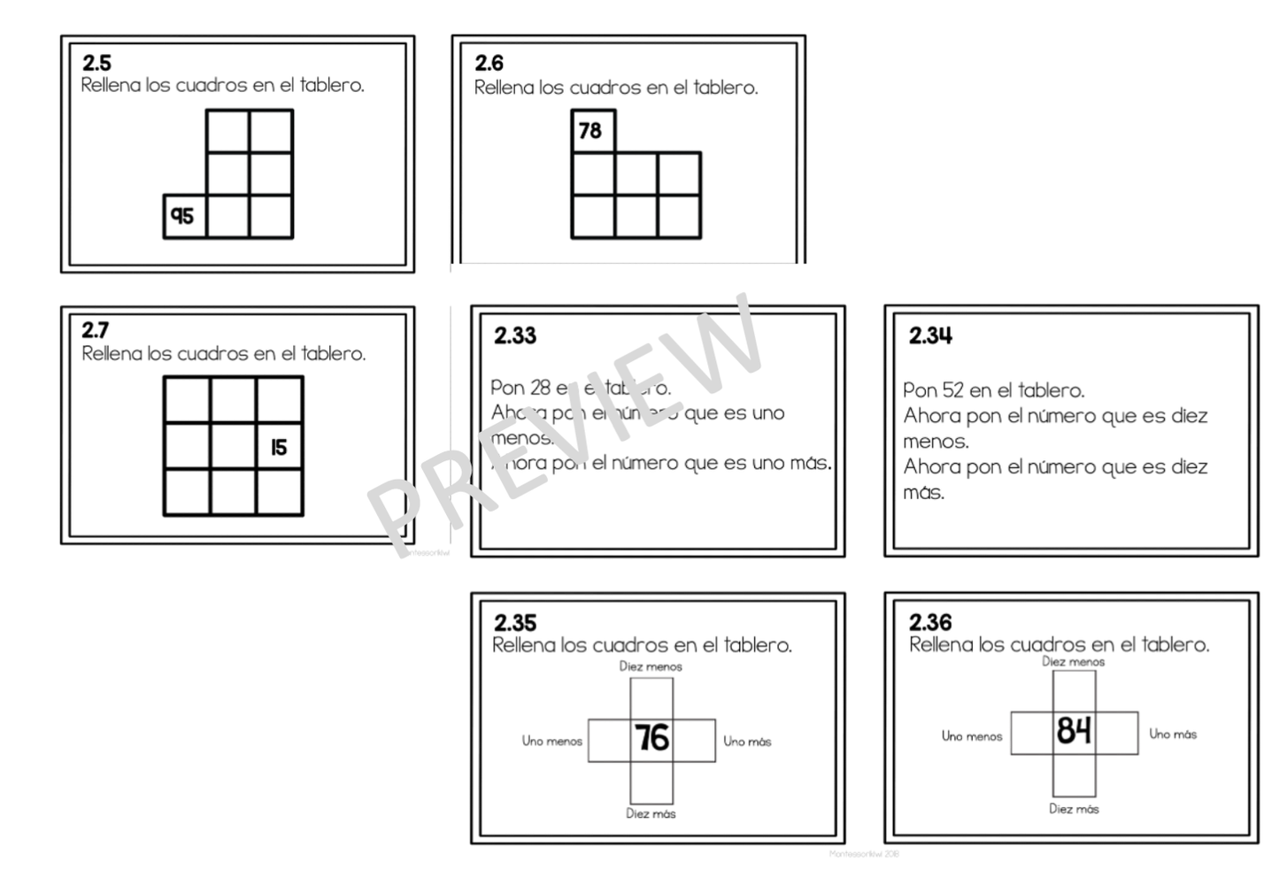 Tarjetas de trabajo para tablero 100 set 2 (Montessori Hundred board task cards set 2) - montessorikiwi
