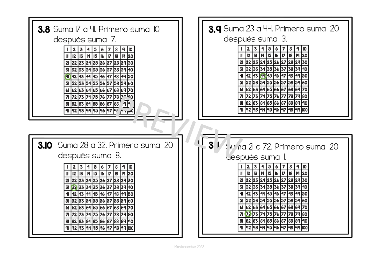 Tarjetas de trabajo para Tablero de 100 Set 3 (Montessori Hundred board task cards set 3) - montessorikiwi