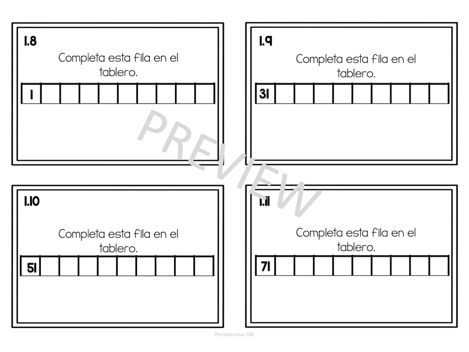 Tarjetas de trabajo para tablero 100 set 1 (Montessori Hundred board task cards set 1) - montessorikiwi