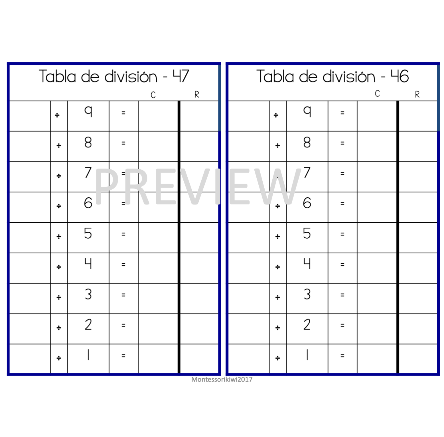 Tablas de división (division chart tables) - montessorikiwi