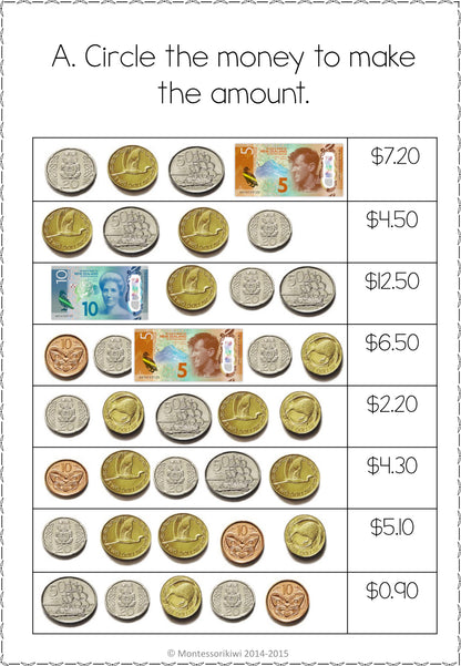 New Zealand Money - circle the money to make the amount - montessorikiwi