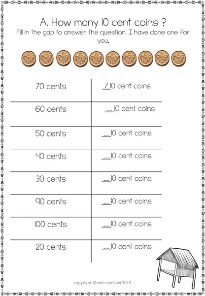New Zealand Money Level 1:  How many 10 cent coins equal - montessorikiwi