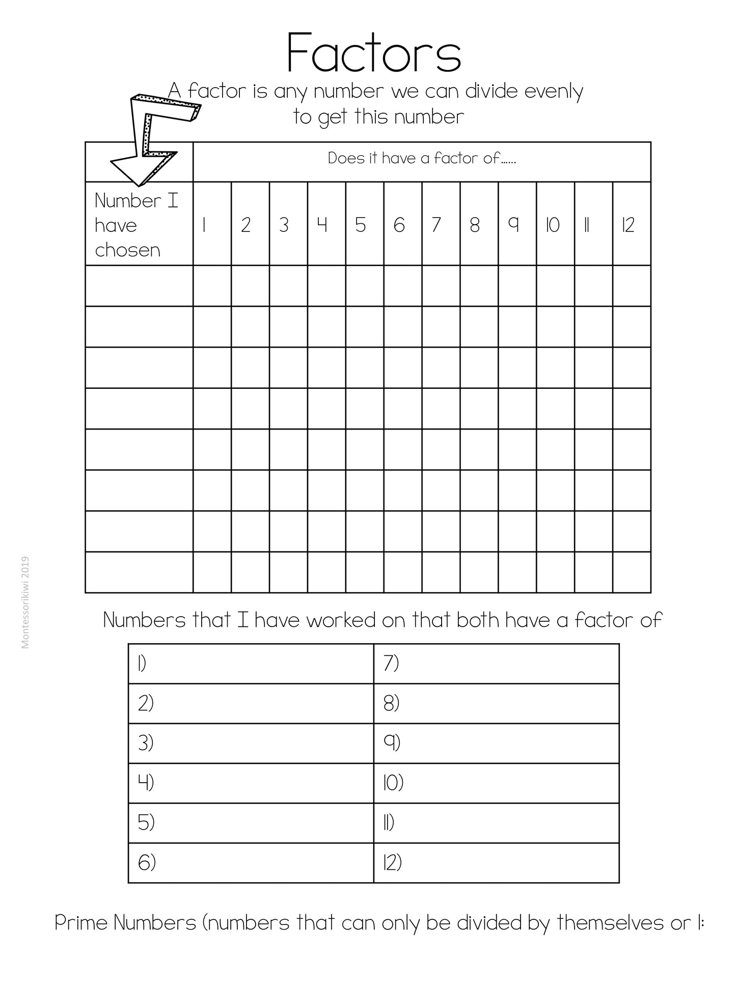 Factors work sheet - montessorikiwi