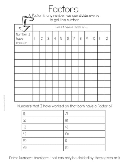 Factors work sheet - montessorikiwi