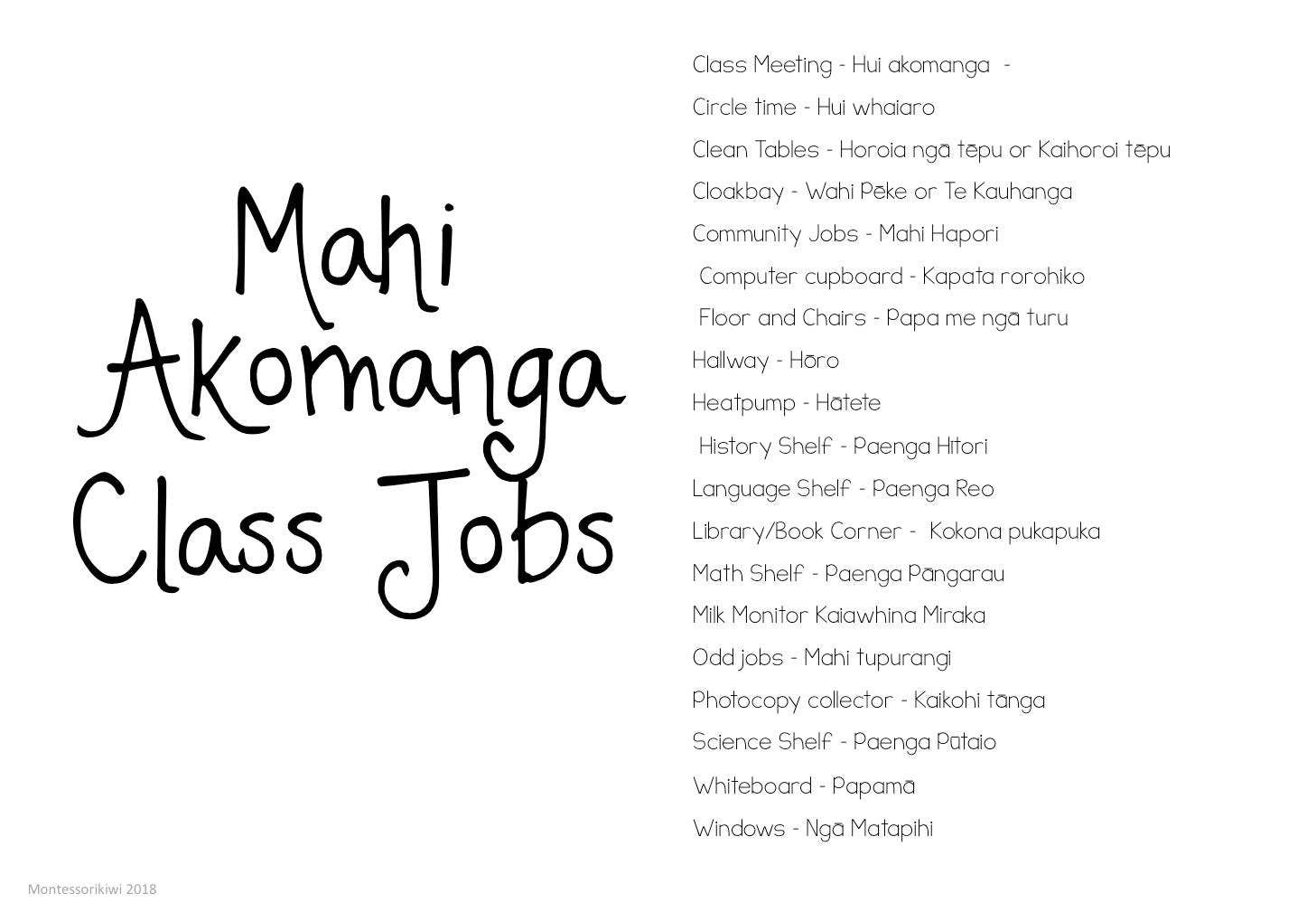 Class Jobs Māori and English - montessorikiwi