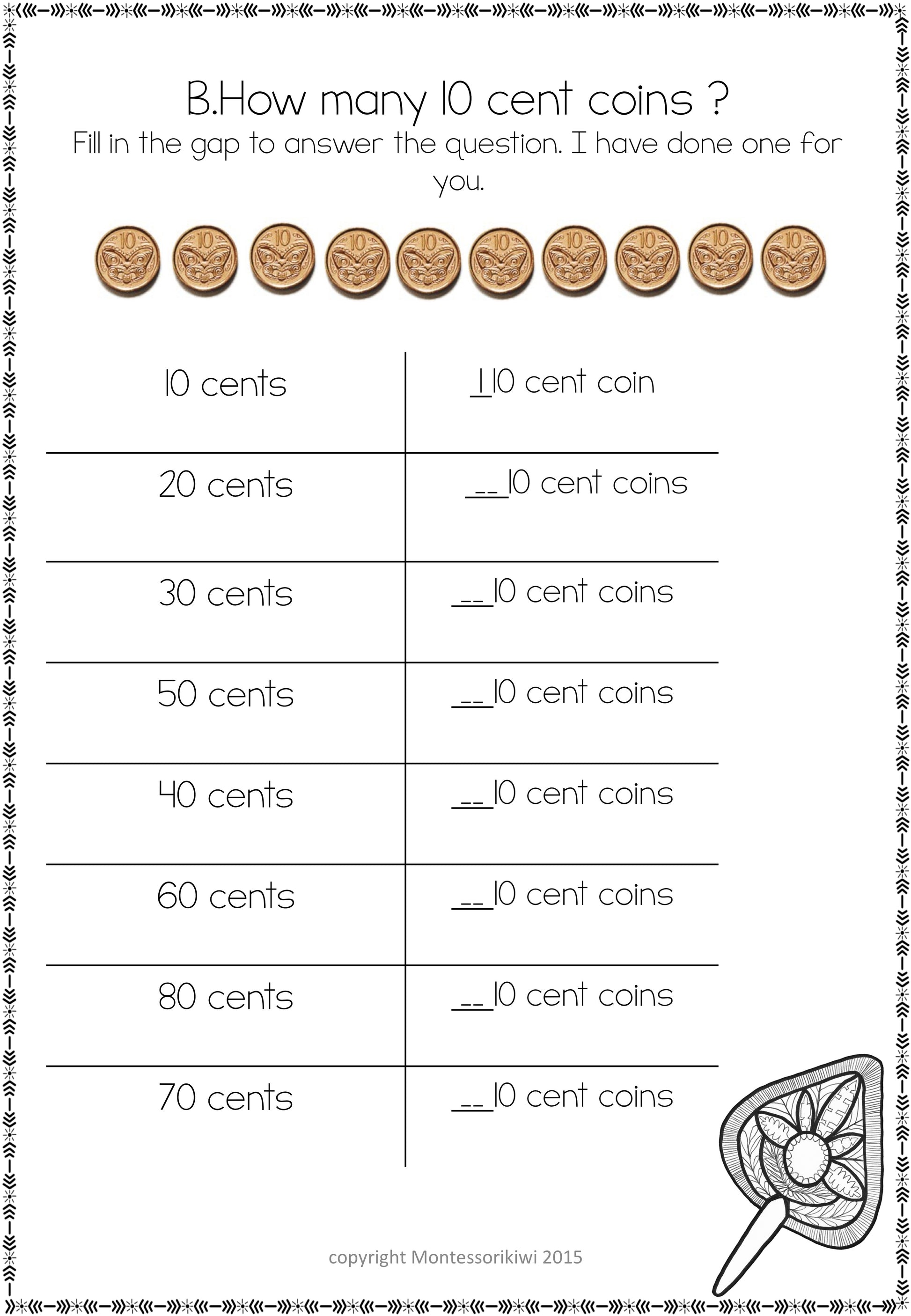 New Zealand Money Level 1:  How many 10 cent coins equal - montessorikiwi