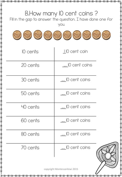 New Zealand Money Level 1:  How many 10 cent coins equal - montessorikiwi