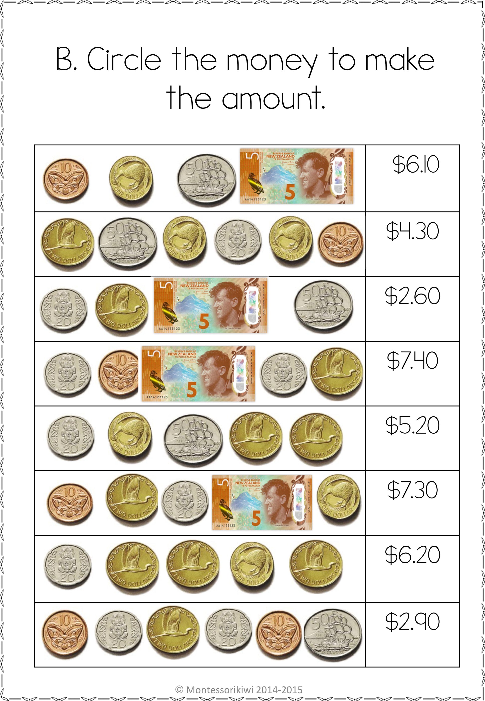 New Zealand Money - circle the money to make the amount - montessorikiwi