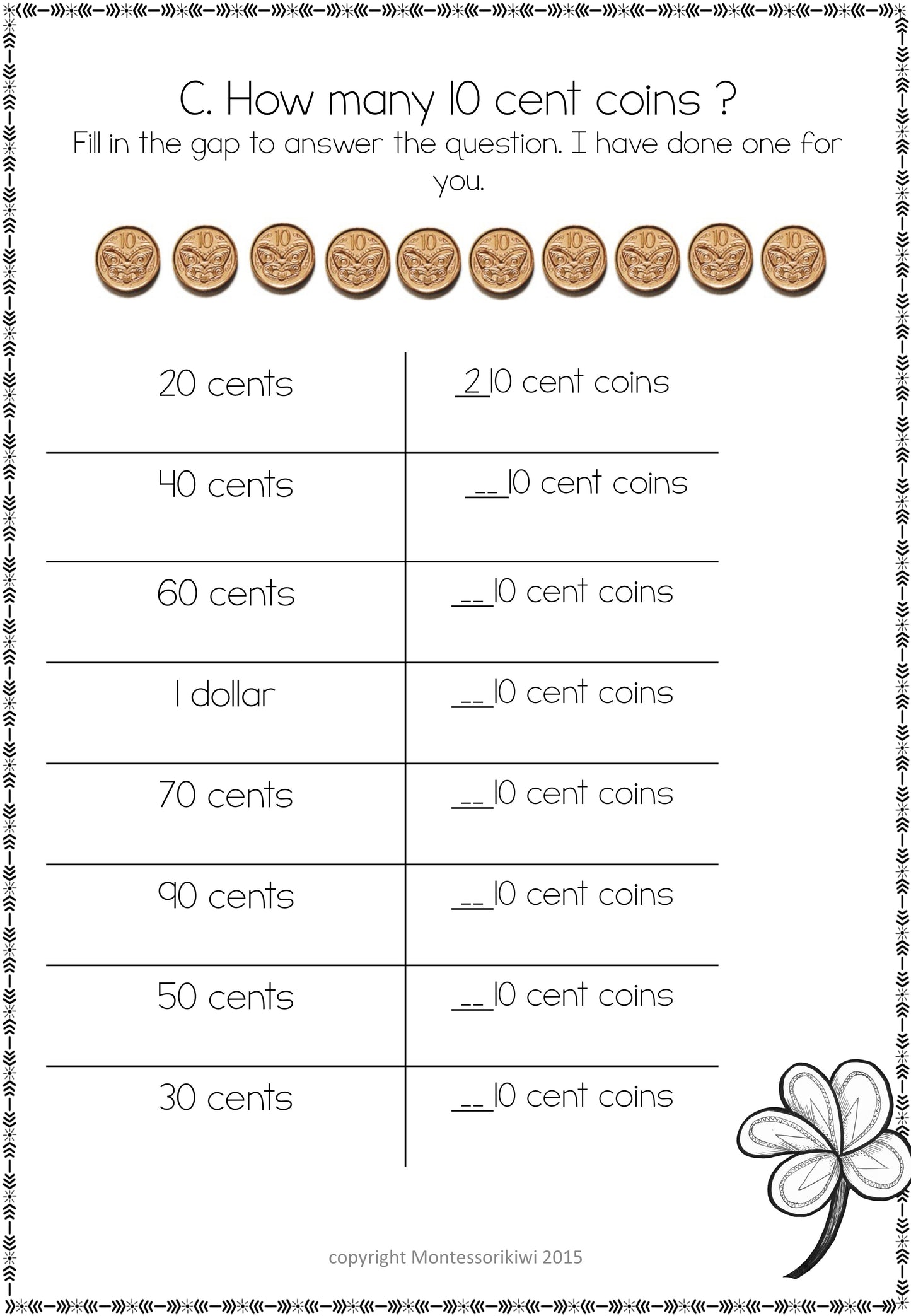 New Zealand Money Level 1:  How many 10 cent coins equal - montessorikiwi