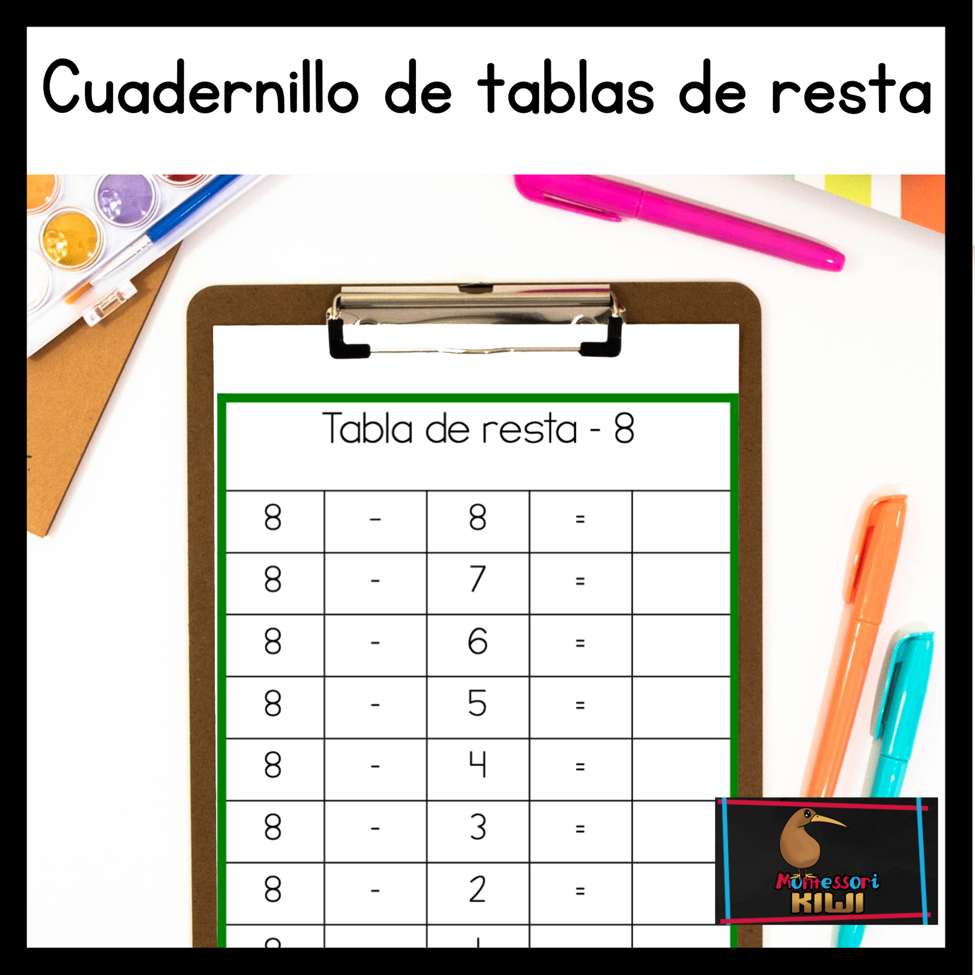 Cuadernillo de tablas de resta (subtraction chart tables) - montessorikiwi