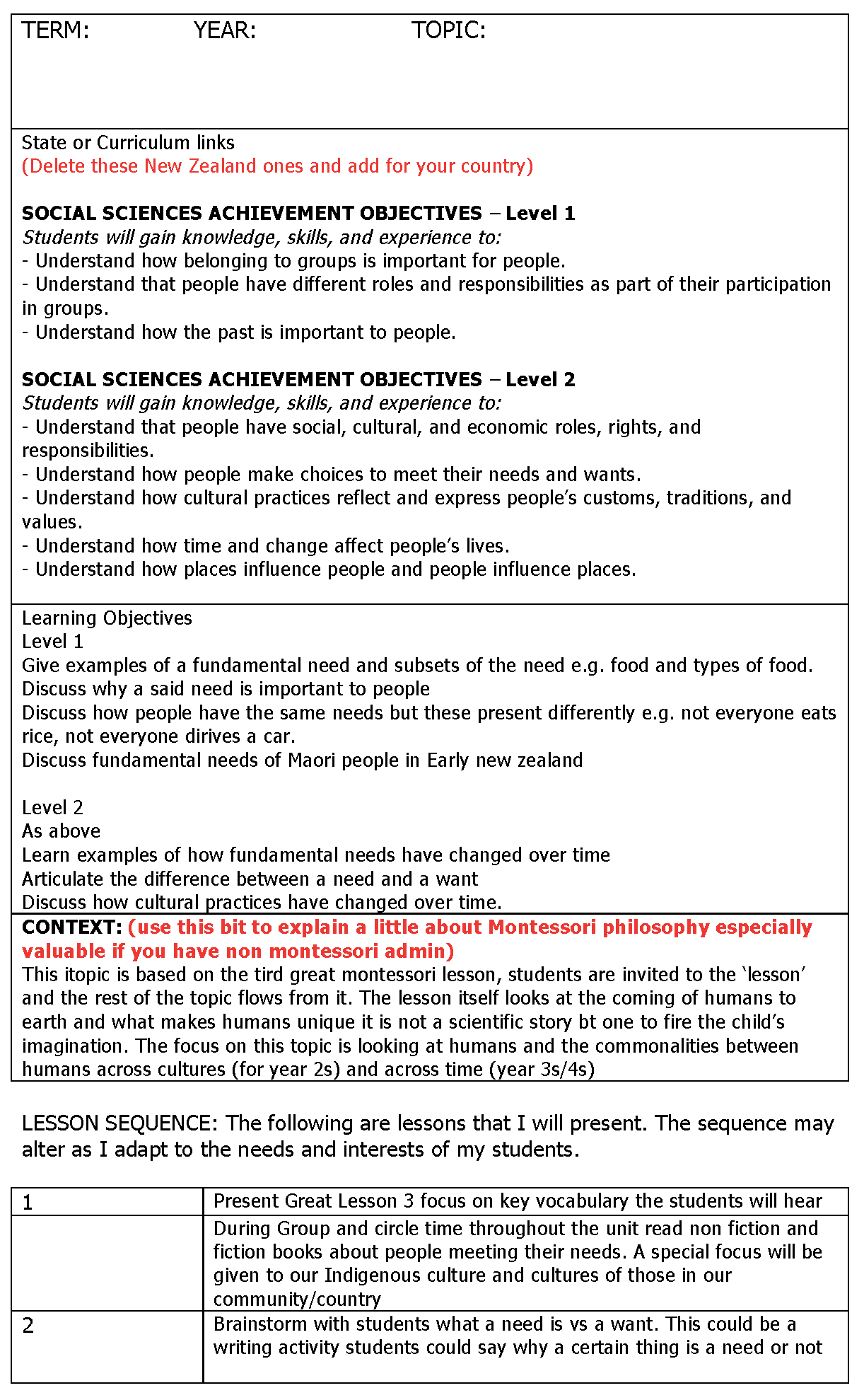 Fundamental Needs Unit Plan - -FREE - montessorikiwi